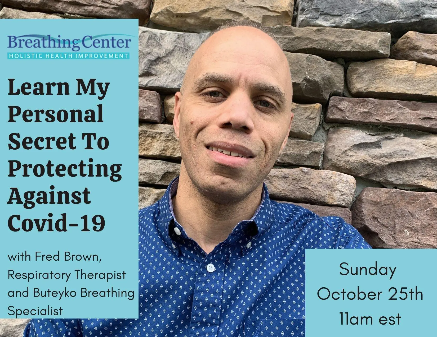 Smiling person beside COVID-19 protection workshop poster