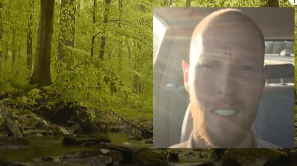 Man's selfie inset over sunlit forest stream