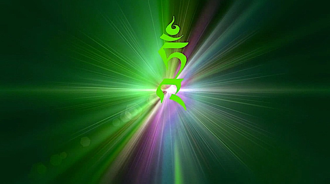 Abstract green symbol glowing with radiant light