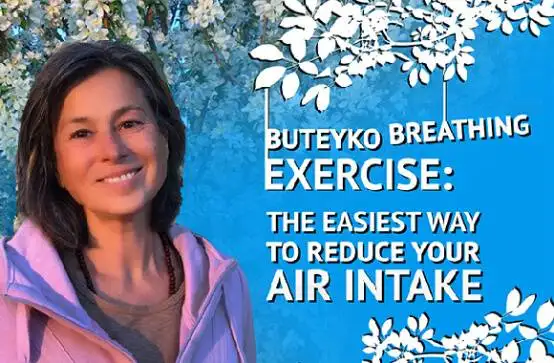 Smiling woman with Buteyko breathing exercise text
