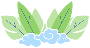 Stylized green leaves with blue clouds