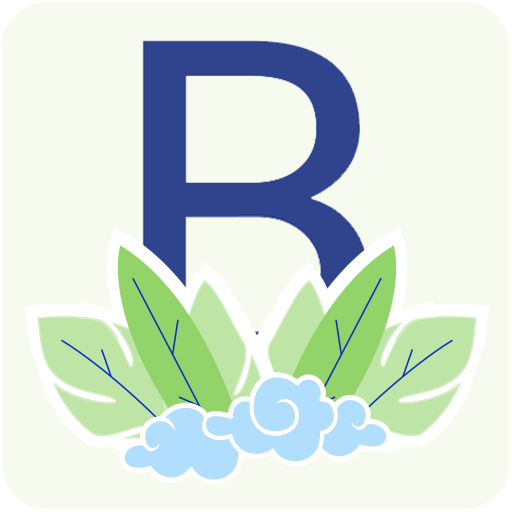 Blue letter R with green leaves and clouds