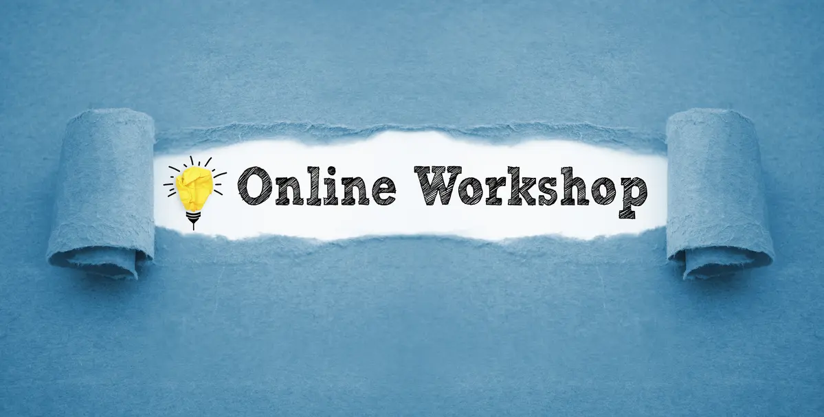 Blue torn paper revealing Online Workshop