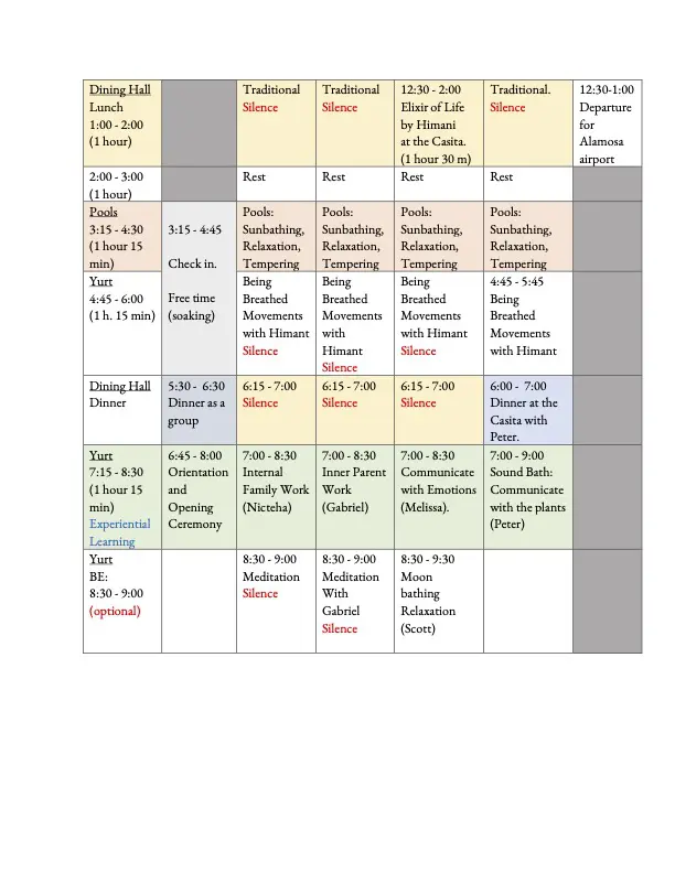 Daily retreat schedule table with activities