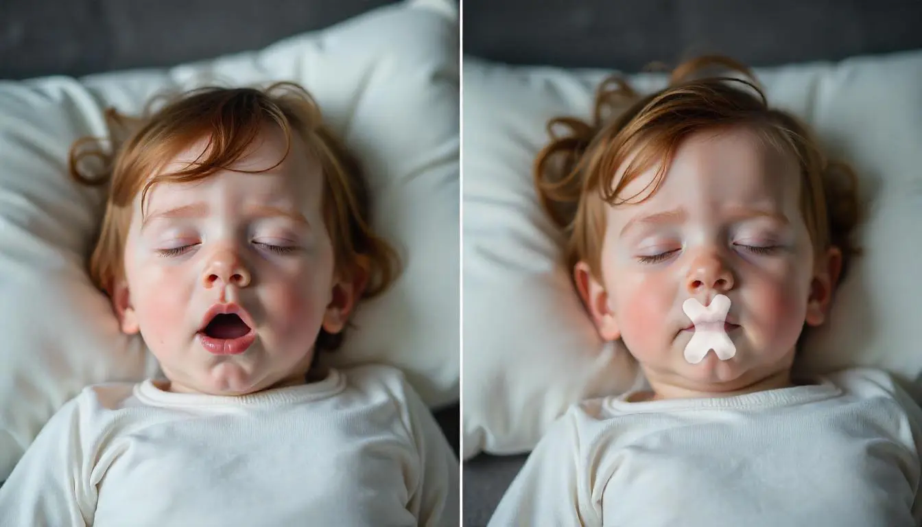A split image showing a child sleeping with their mouth open (mouth breathing) and the same child sleeping with their mouth closed (nasal breathing).