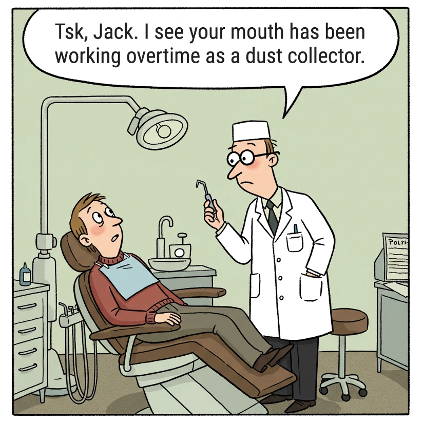 A cartoon depicting a dentist pointing accusingly at a patient, highlighting the patient's open mouth and symbolizing the connection between mouth breathing and dental problems.