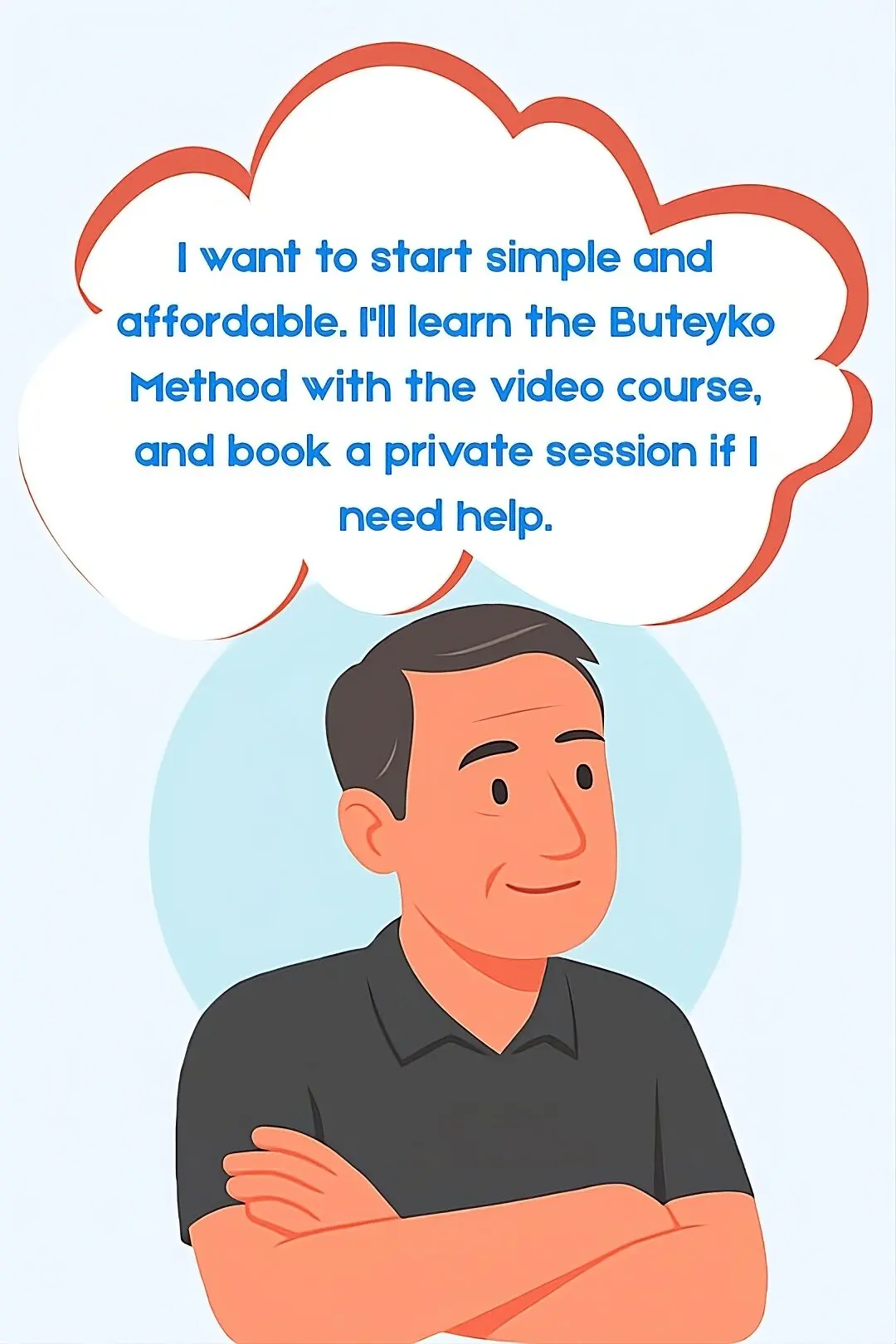 Cartoon man thinking about Buteyko breathing course