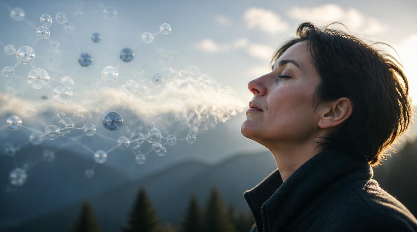 person breathing with CO2 molecular structure visualization illustrating the role of carbon dioxide in the Buteyko method for asthma relief